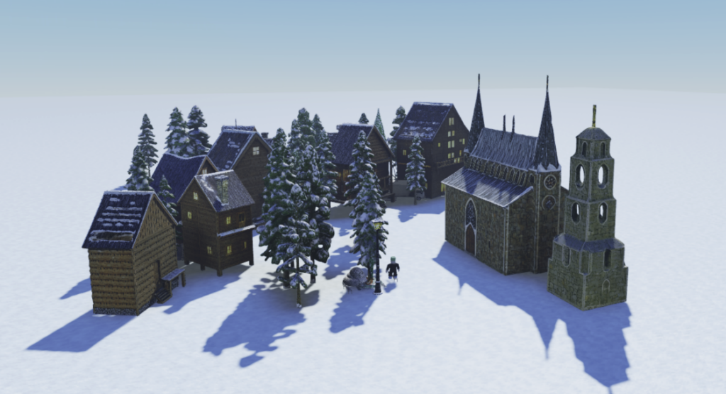A sample 3D winter scene created through multi-turn dialogue. Source: Roblox.