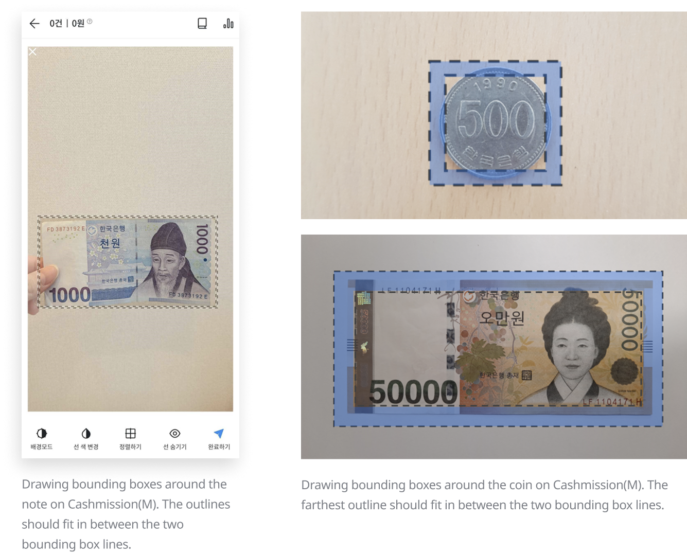 Drawing bounding boxes around the note on Cashmission(M). The outlines should fit in between the two bounding box lines.