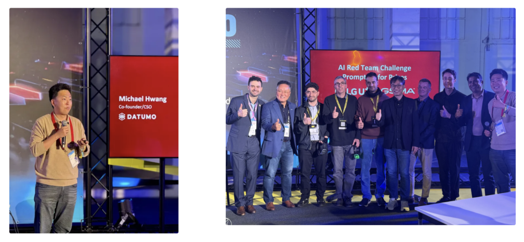 AI Red Team Challenge Overview by CSO Michael Hwang (left) and Group Photo with Participants (right)